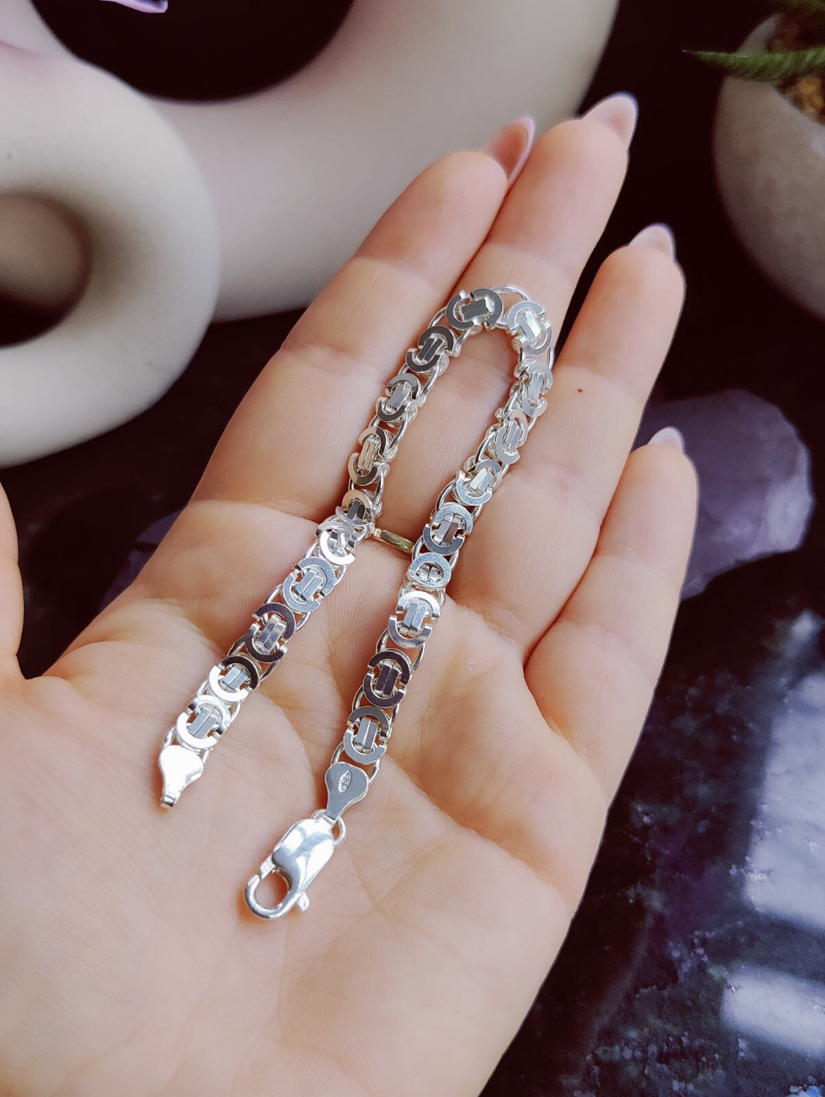 925 Sterling Silver Chunky Heavy Mens Bracelet 14.5 grams Flat Byzantine 6mm