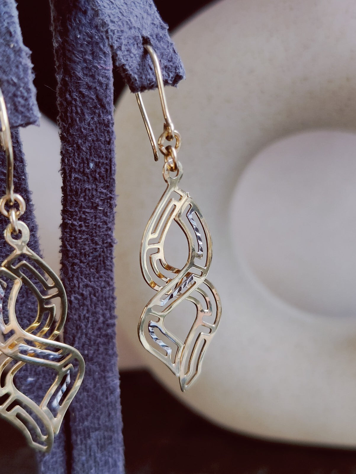 9ct Solid Yellow/White Long Drop Earrings Diamond Cut Eternity Motif Hook
