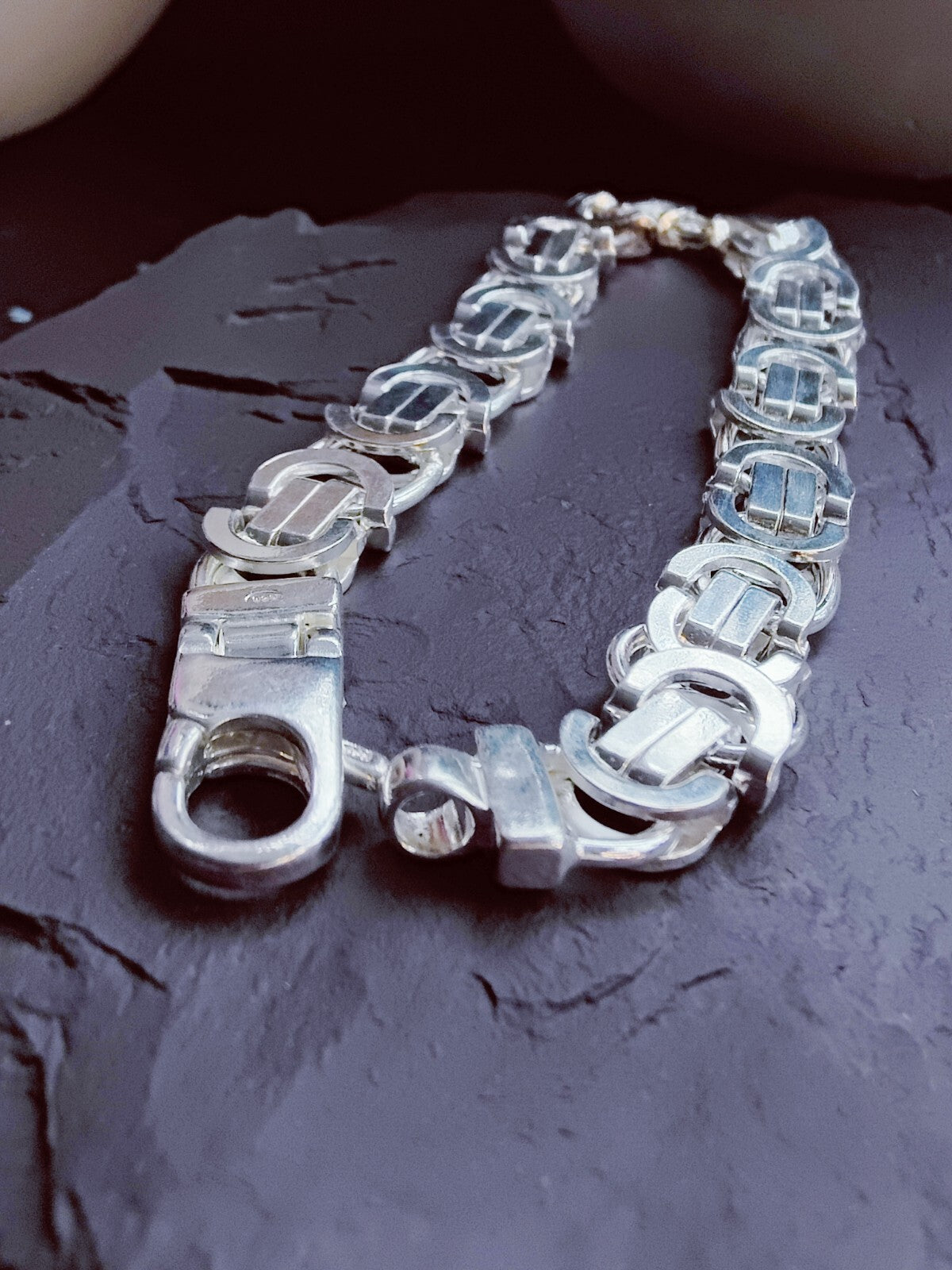925 Sterling Silver Chunky Heavy Mens Chain Bracelet 43grams Flat Byzantine 10mm