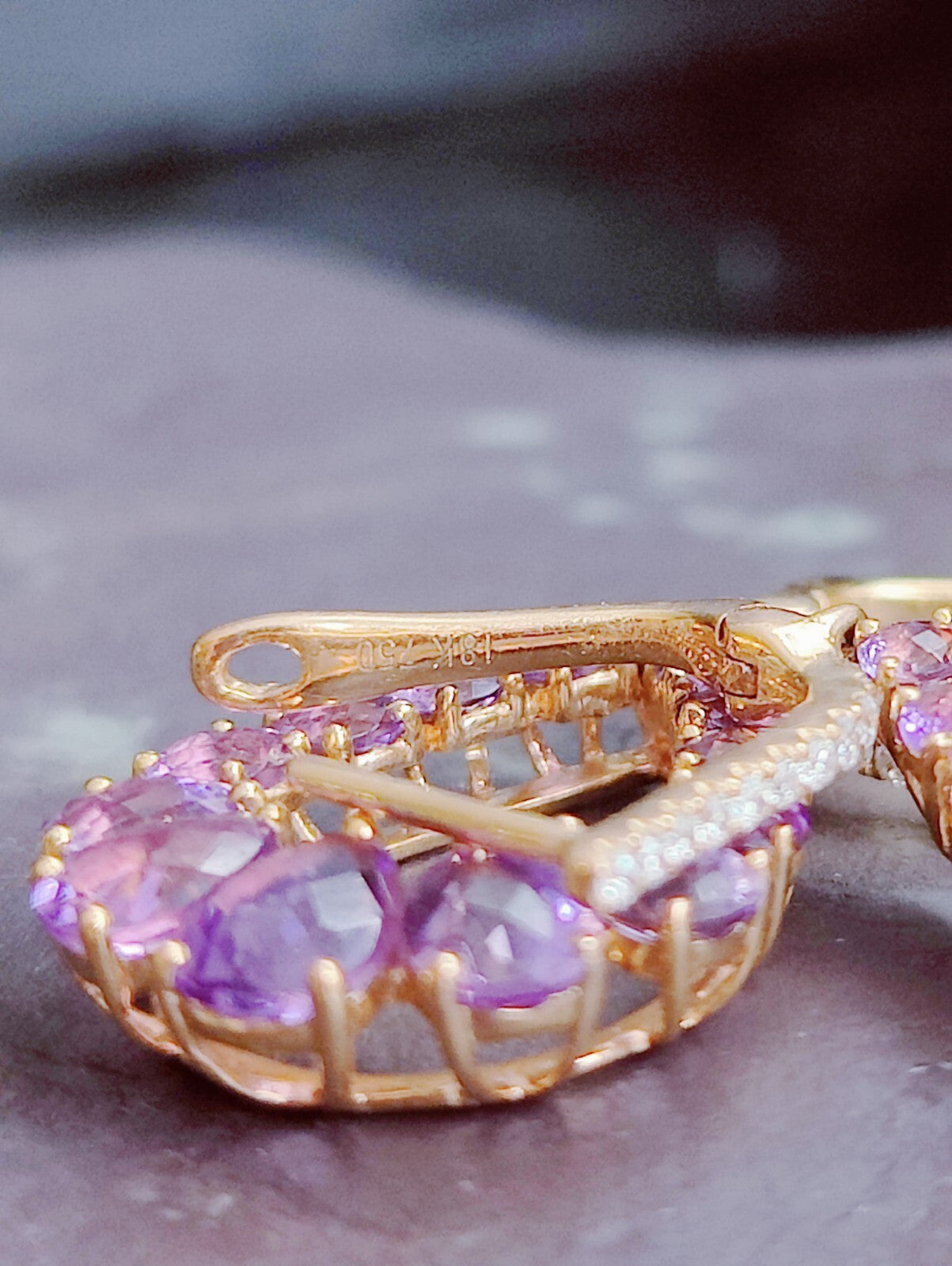 Solid 18K Rose Gold Amethyst & Diamond Drop Earrings Pear Shape Elegant