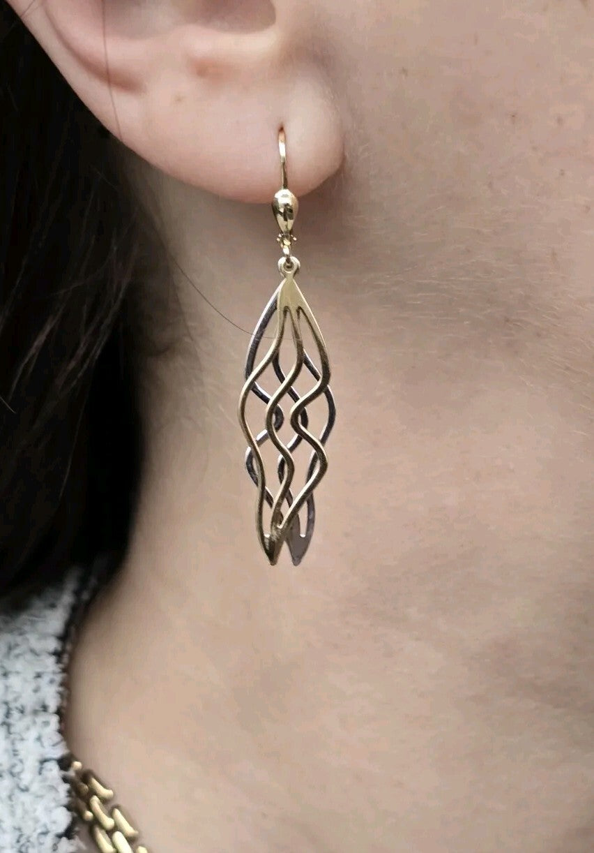 9ct Yellow/White Gold Solid Drop Earrings Long 50mm Leaf Motif Waves Lever Back