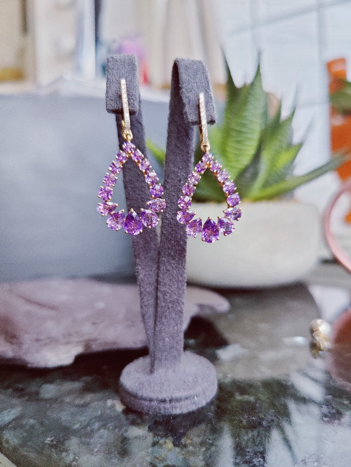 Solid 18K Rose Gold Amethyst & Diamond Drop Earrings Pear Shape Elegant