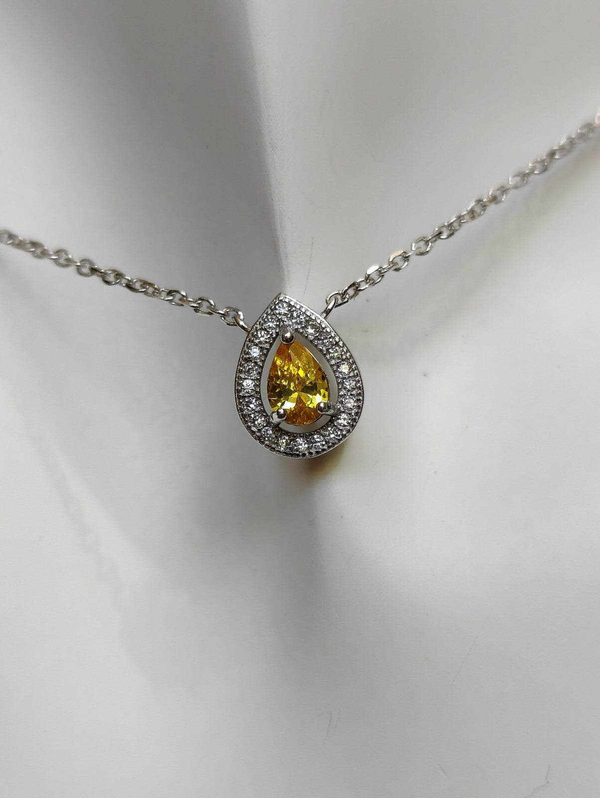 Beautiful Solid Silver Necklace with Yellow Pear CZ and White Halo, Hallmarked