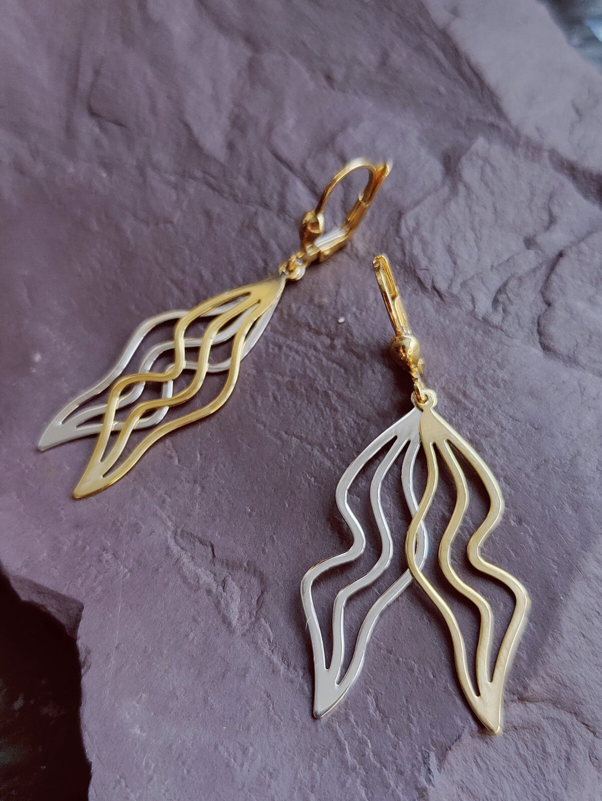 9ct Yellow/White Gold Solid Drop Earrings Long 50mm Leaf Motif Waves Lever Back