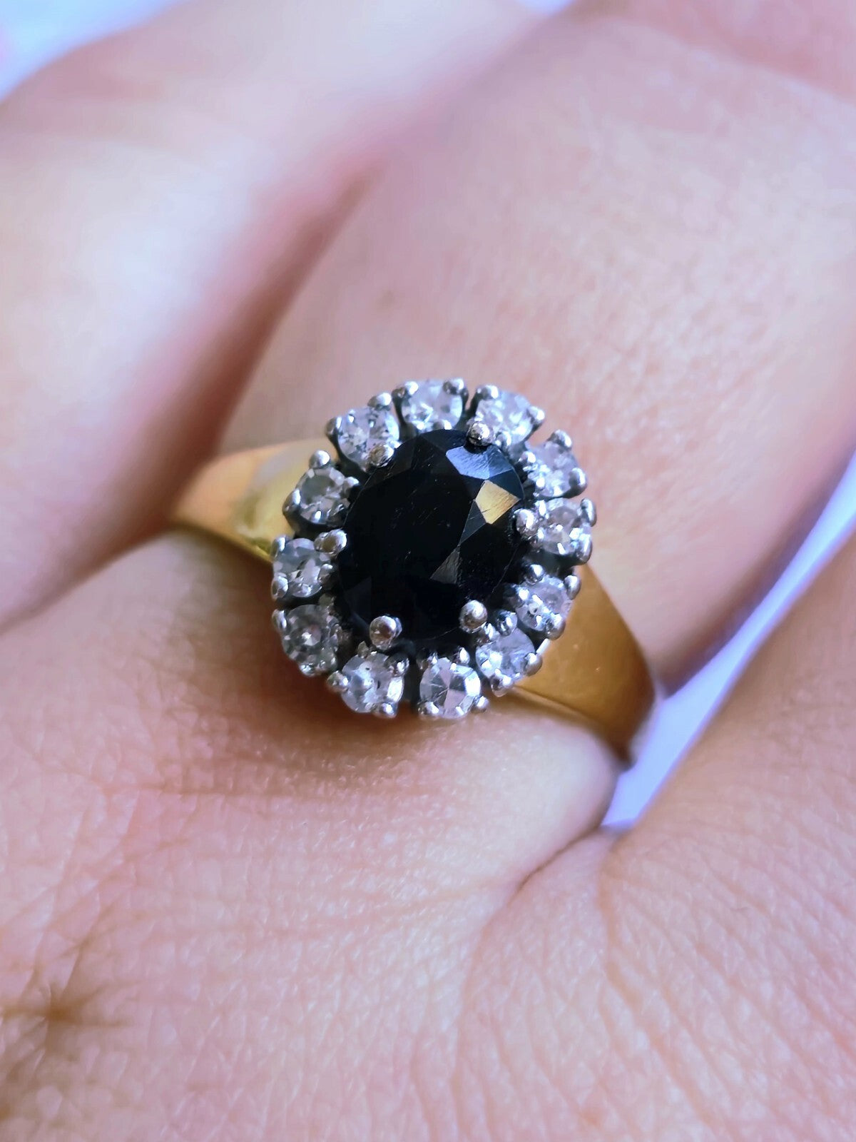 18ct Yellow Gold Sapphire/Diamond Ring Engagement Cocktail Diana Style size P+
