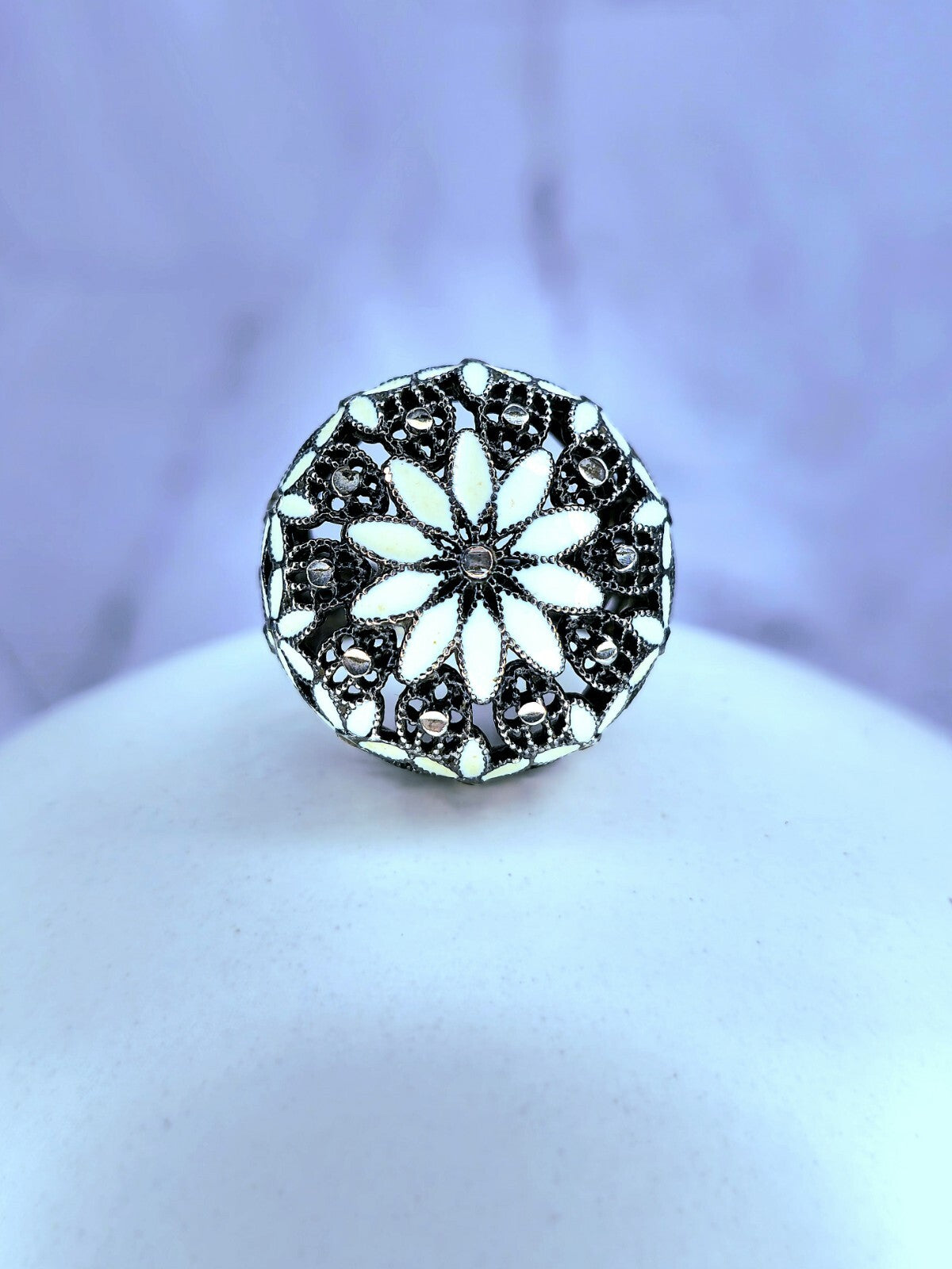Sterling Silver 925 Ring Art Decor Oxidised Enamel Dress Cocktail, size O+ Black
