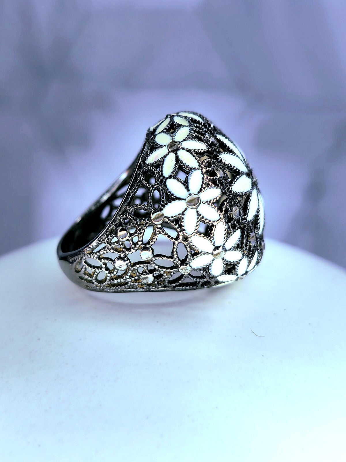 Sterling Silver 925 Ring Art Decor Oxidised Enamel Dress Cocktail, size O+ Black