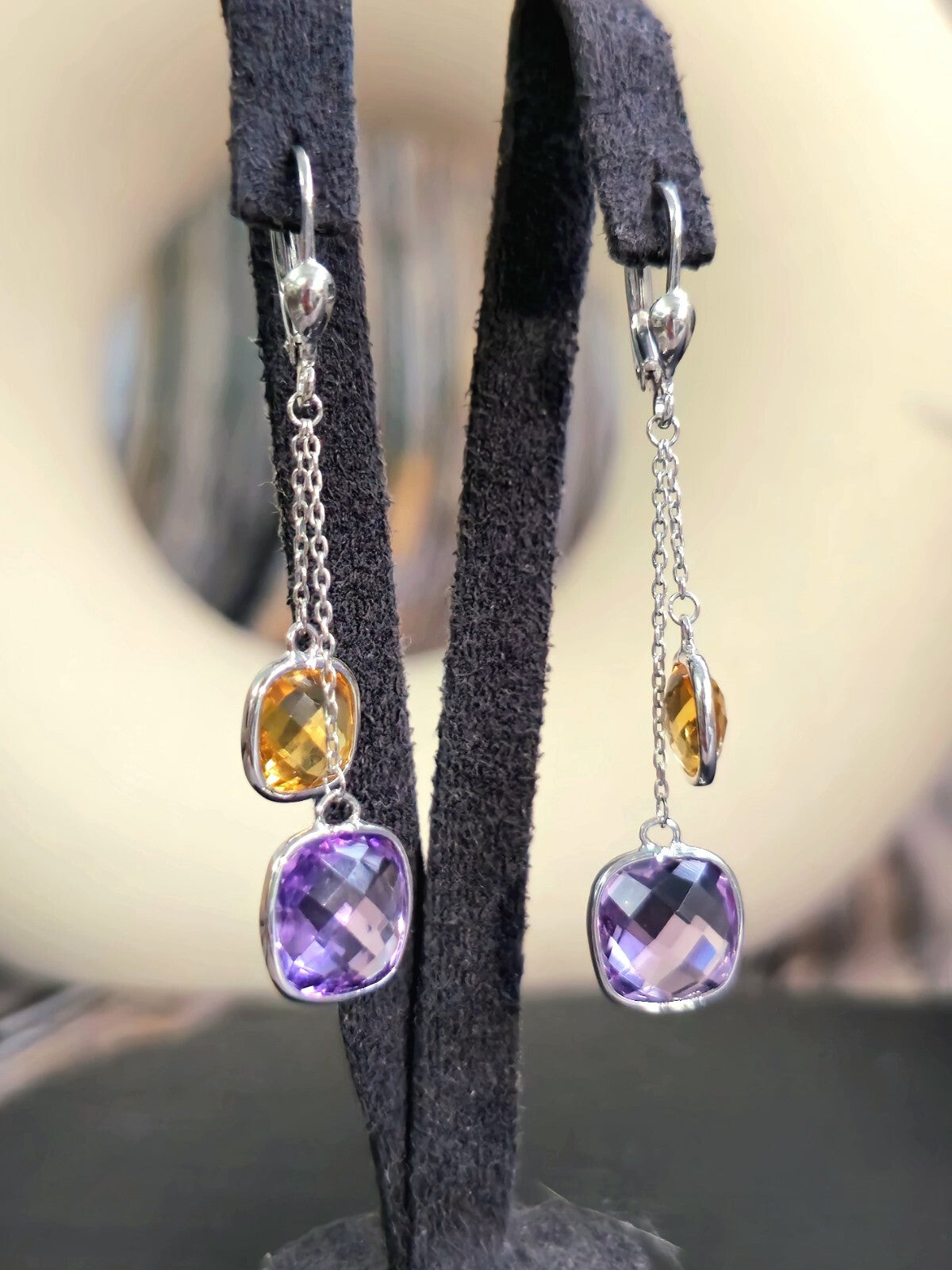 New 9ct White Gold Drop Earrings Amethyst and Citrine Big Stones Dangling Dress