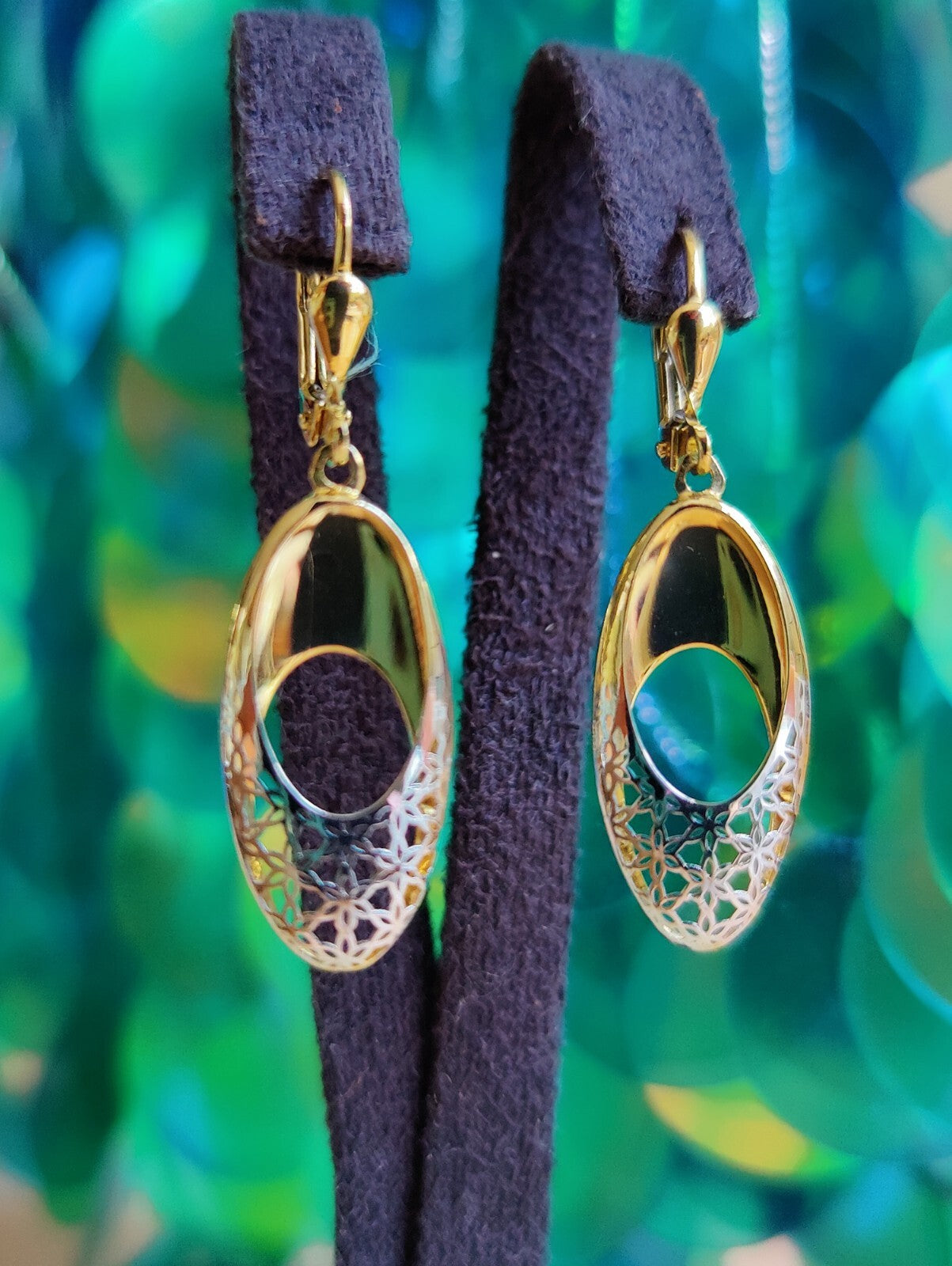 New 9ct Yellow/White Gold Drop Dangly Earrings Hallmarked Decorative Pattern
