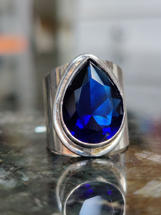 Sterling Silver 925 Ring with Big Blue Pear Shape Stone, Dress, Coctail, size K