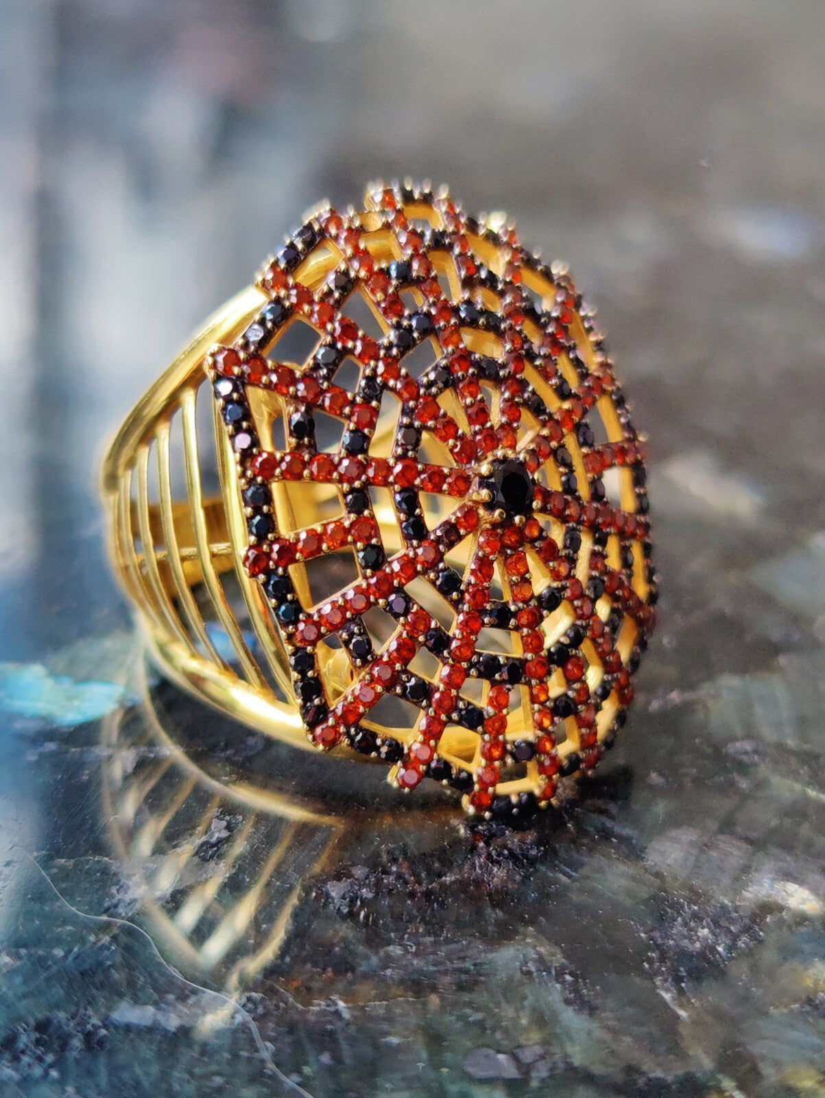 Sapphire and Ruby Spider Web Ring 18K Gold Solid Coctail Unusual Design Q size