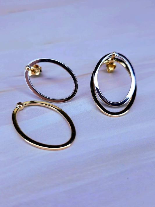 Solid 9ct Yellow/White Gold Oval Shape Stud Earrings Two Ways Studs Removable