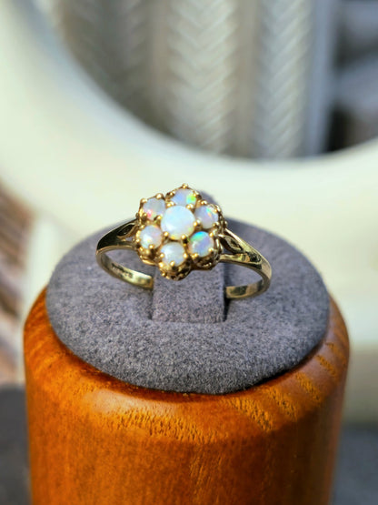 Lovely 9ct Yellow Gold Flower Opal Ring Cluster Prong Set Size N Hallmarked