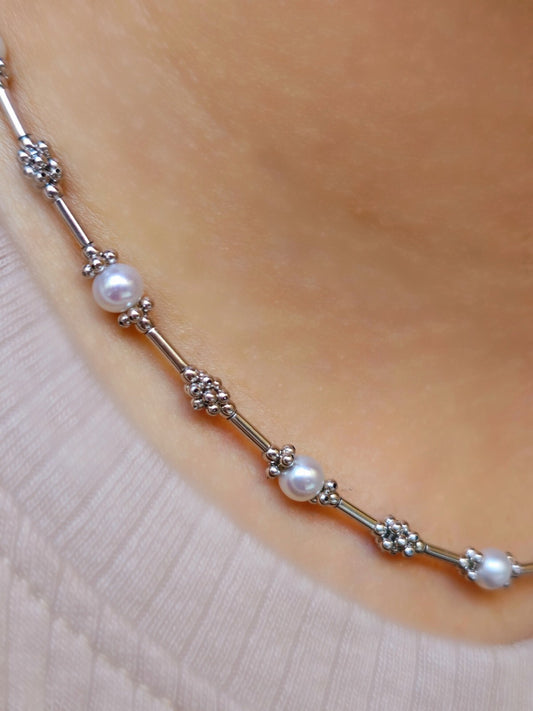 9k White Gold Necklace with Freshwater Pearls Beaded Chain decor 16inch 10grams