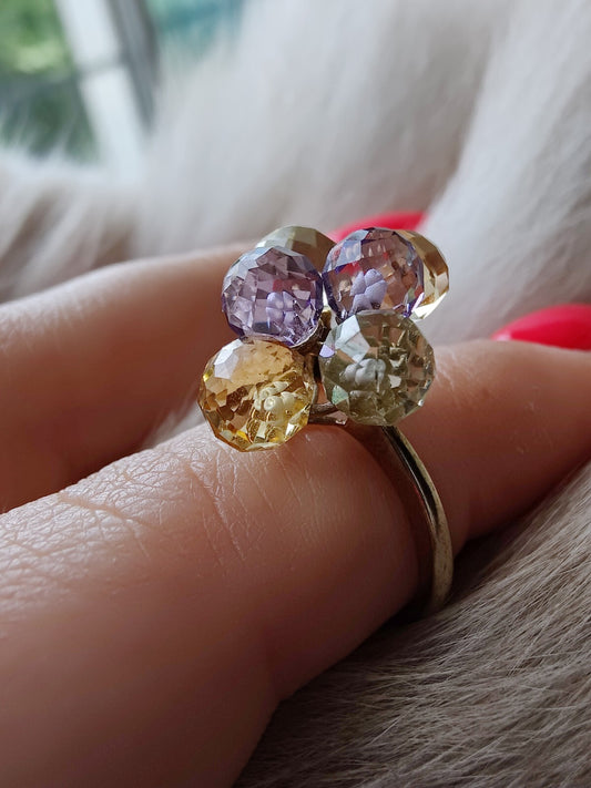 9ct Solid Yellow Gold Dress Ring size K with Citrines and Amethysts Very Unusual