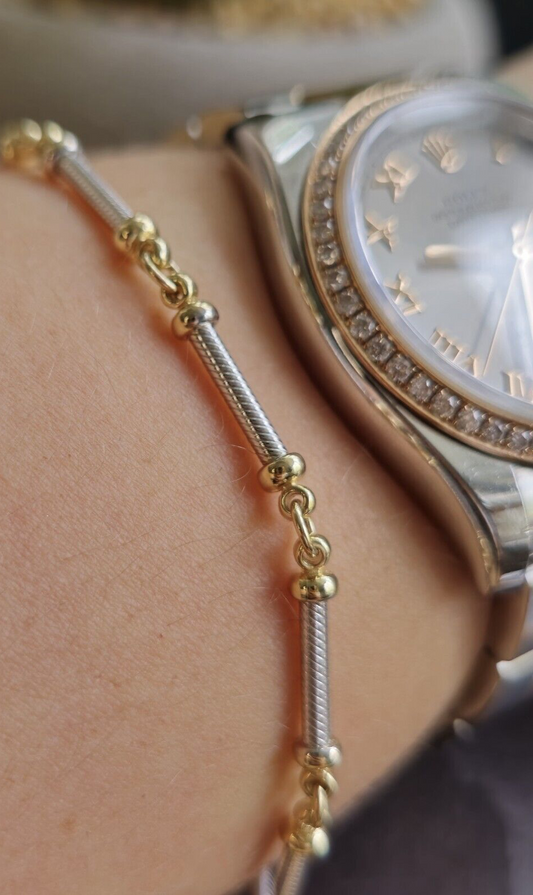 Solid 9ct White/Yellow Gold BRACELET Twisted TUBE link  7.8inch/20cm