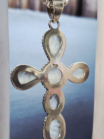 Large Solid 925 Sterling Silver Cross with Multi-shape Moonstones Pendant 9CM