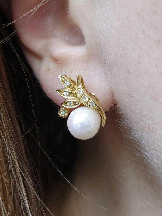 18K Yellow Gold Sea Water Pearl Stud Earrings with Diamonds Studs Solid Gold
