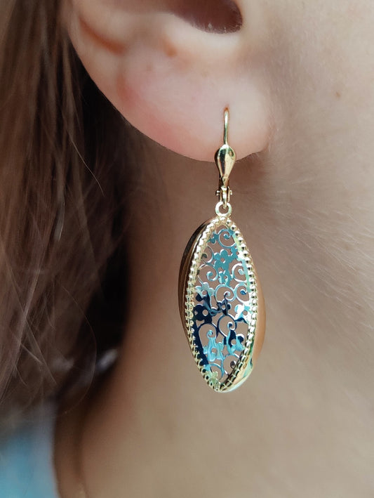 New  Drop Earrings 9ct Yellow/White Gold Leverback Hallmarked Floral Pattern