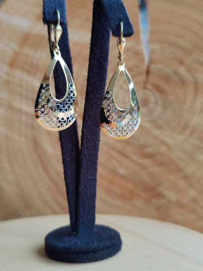 9ct Yellow/White Gold 2grams Drop Dangly Earrings Leverback Hallmarked Pear/Drop
