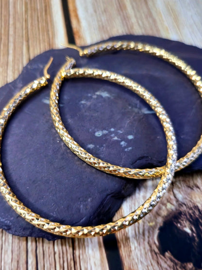Big 9ct Yellow Gold Twisted Hoop Earrings Twist Hoops 77mm Diamond Cut Pattern