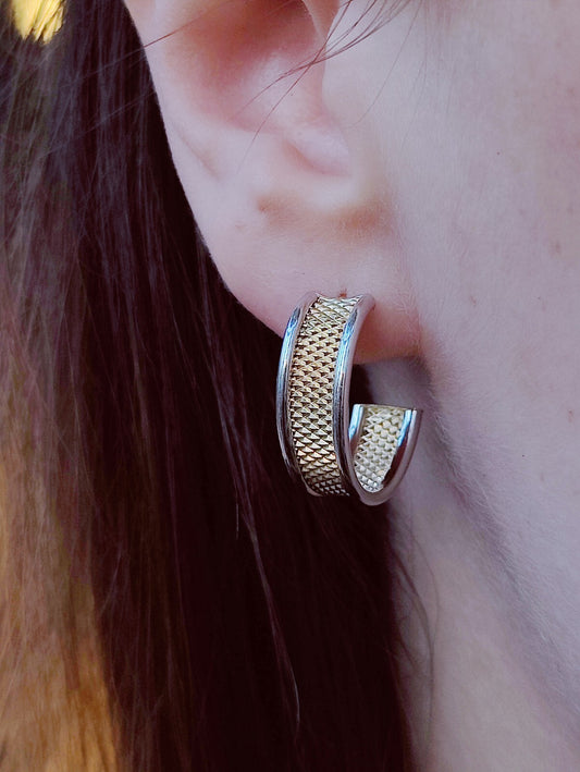 NEW 9ct Solid Yellow/White Gold Half Hoop Earrings Studs Diamond Cut Pattern