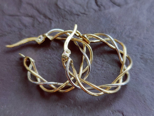 Twisted 9ct Solid Yellow/White Gold Wired Hoop Earrings Creole Wire Hoops 23mm