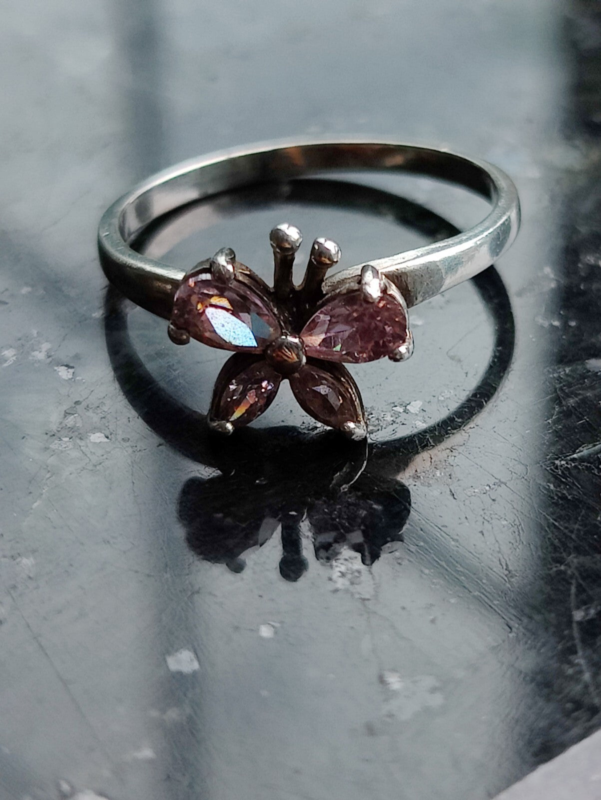925 Sterling Silver Butterfly Ring With Pink CZs UK Size N (14) (54)
