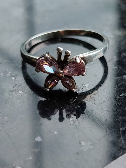 925 Sterling Silver Butterfly Ring With Pink CZs UK Size N (14) (54)