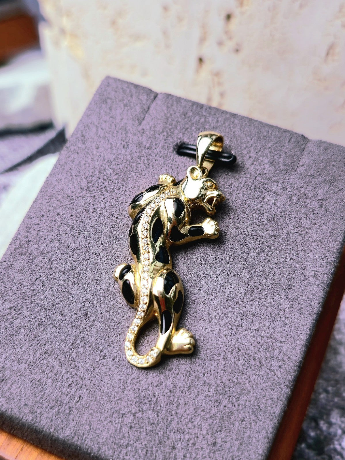 New Solid 9ct Yellow Gold Panthere Pendant Charm with CZ and Enamel Cat Puma