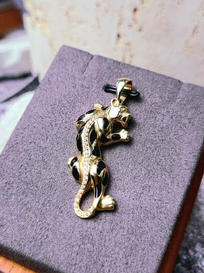 New Solid 9ct Yellow Gold Panthere Pendant Charm with CZ and Enamel Cat Puma