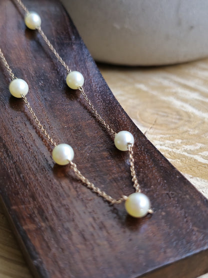 9K Yellow Gold Bars And Natural Cultured Pearls 17inch Fashion Necklace