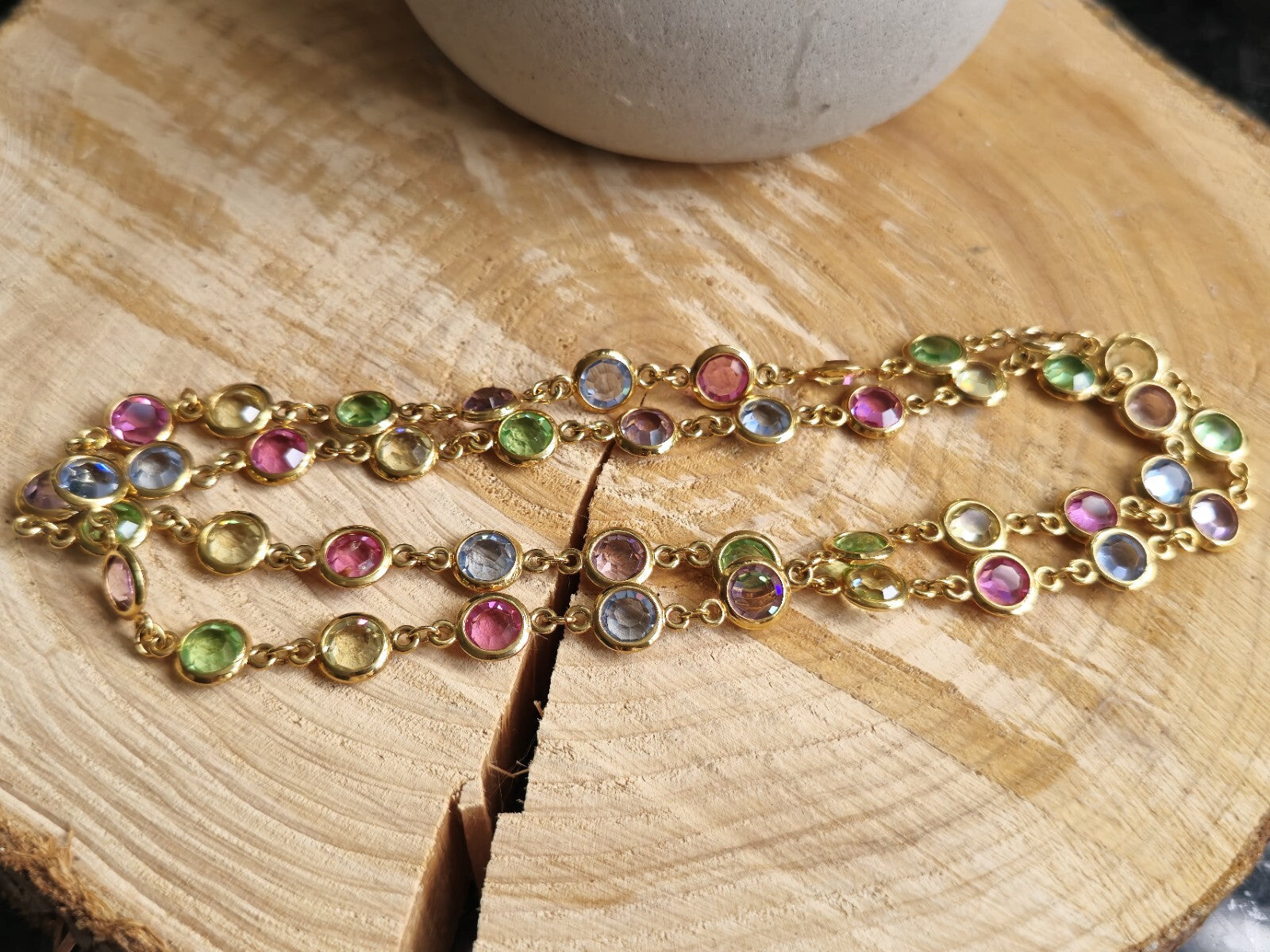 Lovely Gold Tone Bezel Set Austrian Crystal 31 Inch Necklace Multicolour 