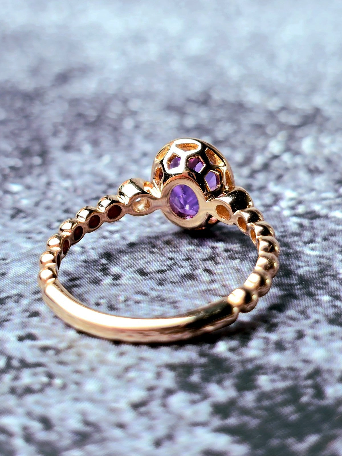 New 18ct Rose Gold Oval Amethyst and Diamonds Ring Cocktail Dress Bead Band