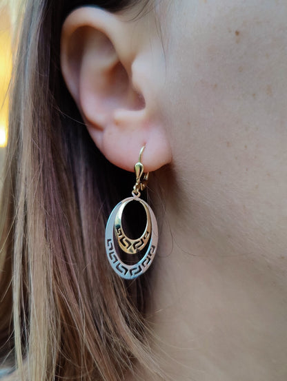 NEW OVAL Earrings 9ct Yellow/White Gold Leverback Hallmarked Greek Key Pattern 