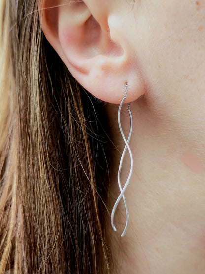 New 9ct White Gold Twist Drop Earrings DOUBLE Squiggle Pull Through Wavy Moving