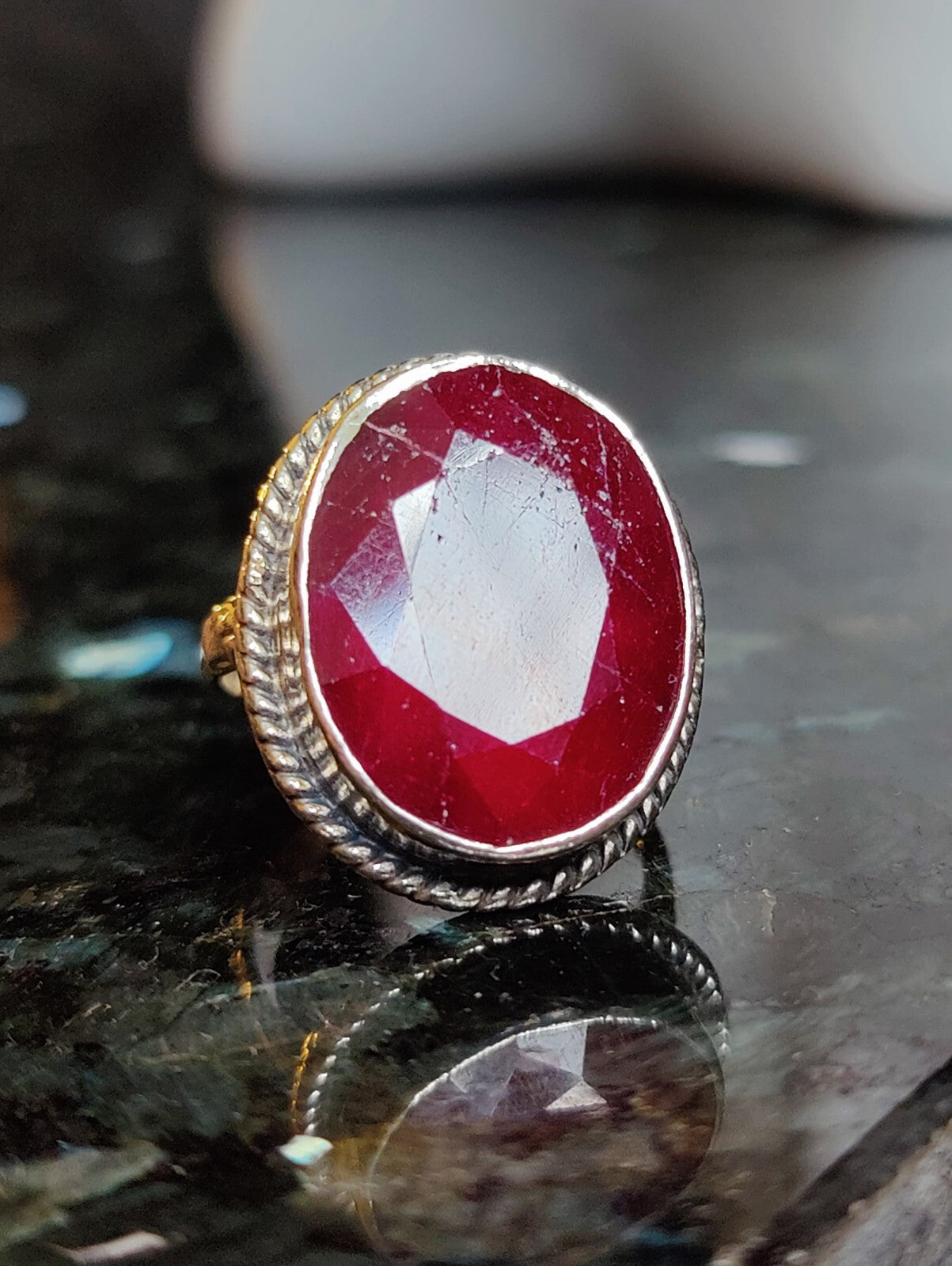 Stunning Vintage Sterling Silver Huge Ruby Ring size P Dress Coctail Statement