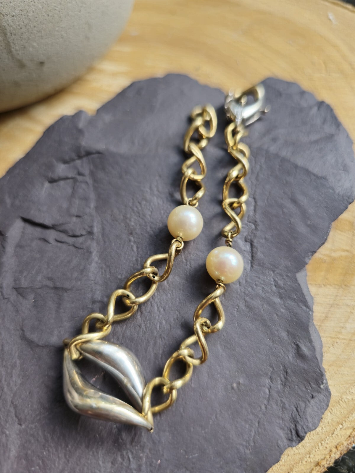 Solid 18k Yellow/White Gold Pearl Bracelet Hollow