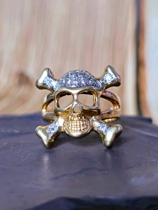 Solid 9ct Yellow Gold Signet Ring big size: Z+1 Skull C/Z Skeleton Heavy Chunky