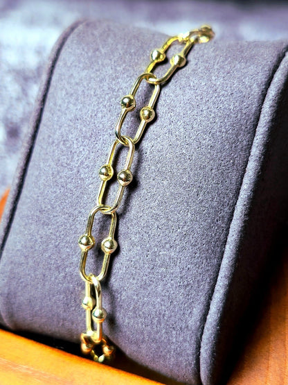 9K Yellow Gold Interlink Ball Bubble Horseshoe U Shape Chain Bracelet 18cm 7.1''