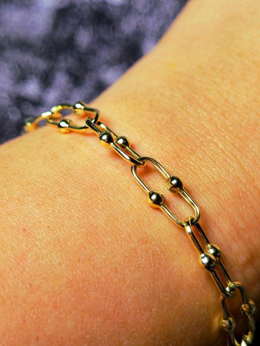 9K Yellow Gold Interlink Ball Bubble Horseshoe U Shape Chain Bracelet 18cm 7.1''