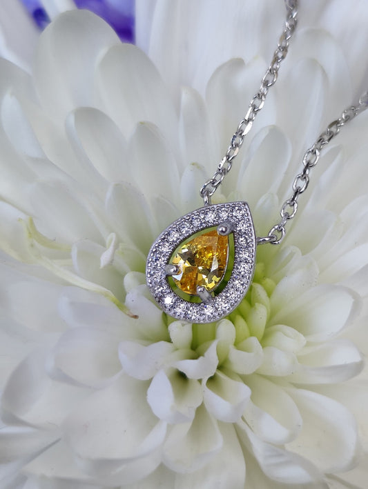Beautiful Solid Silver Necklace with Yellow Pear CZ and White Halo, Hallmarked