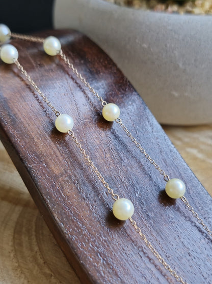 9K Yellow Gold Bars And Natural Cultured Pearls 17inch Fashion Necklace
