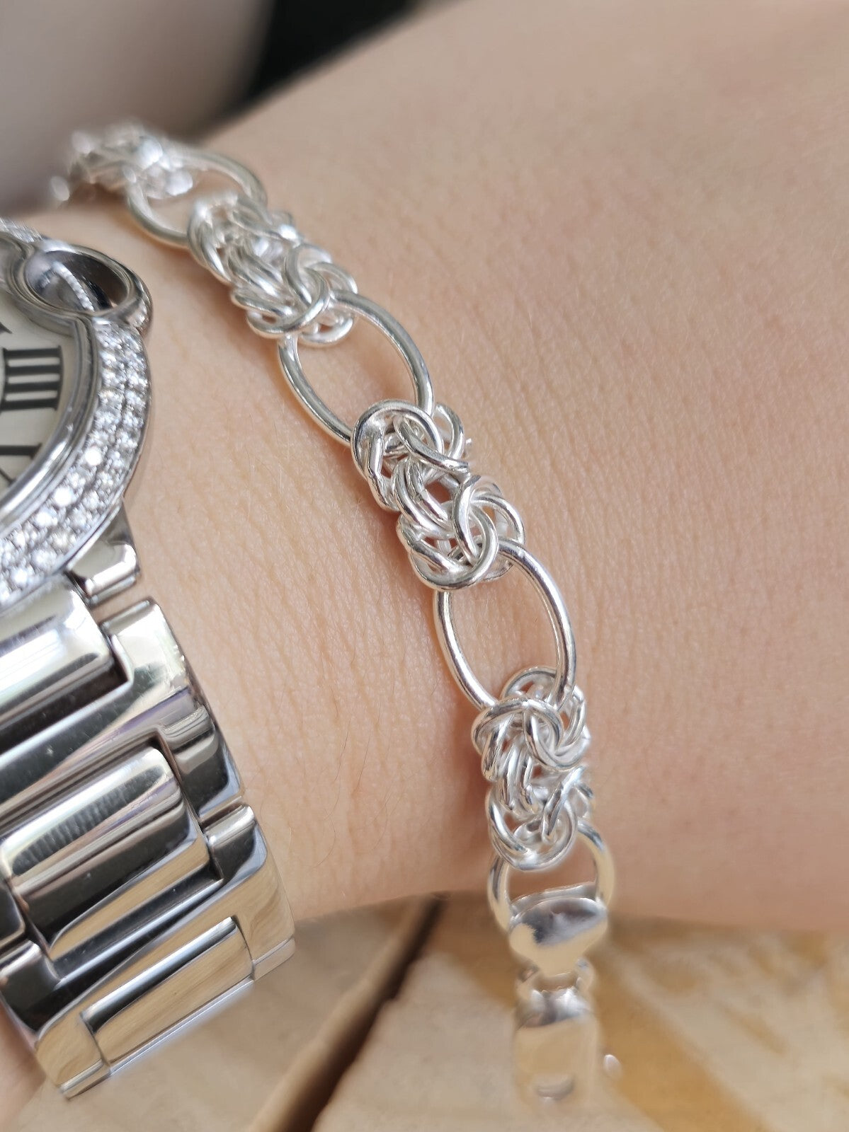 925 Sterling Silver Chunky Figaro Byzantine Chain Bracelet 8mm 17grams 19cm
