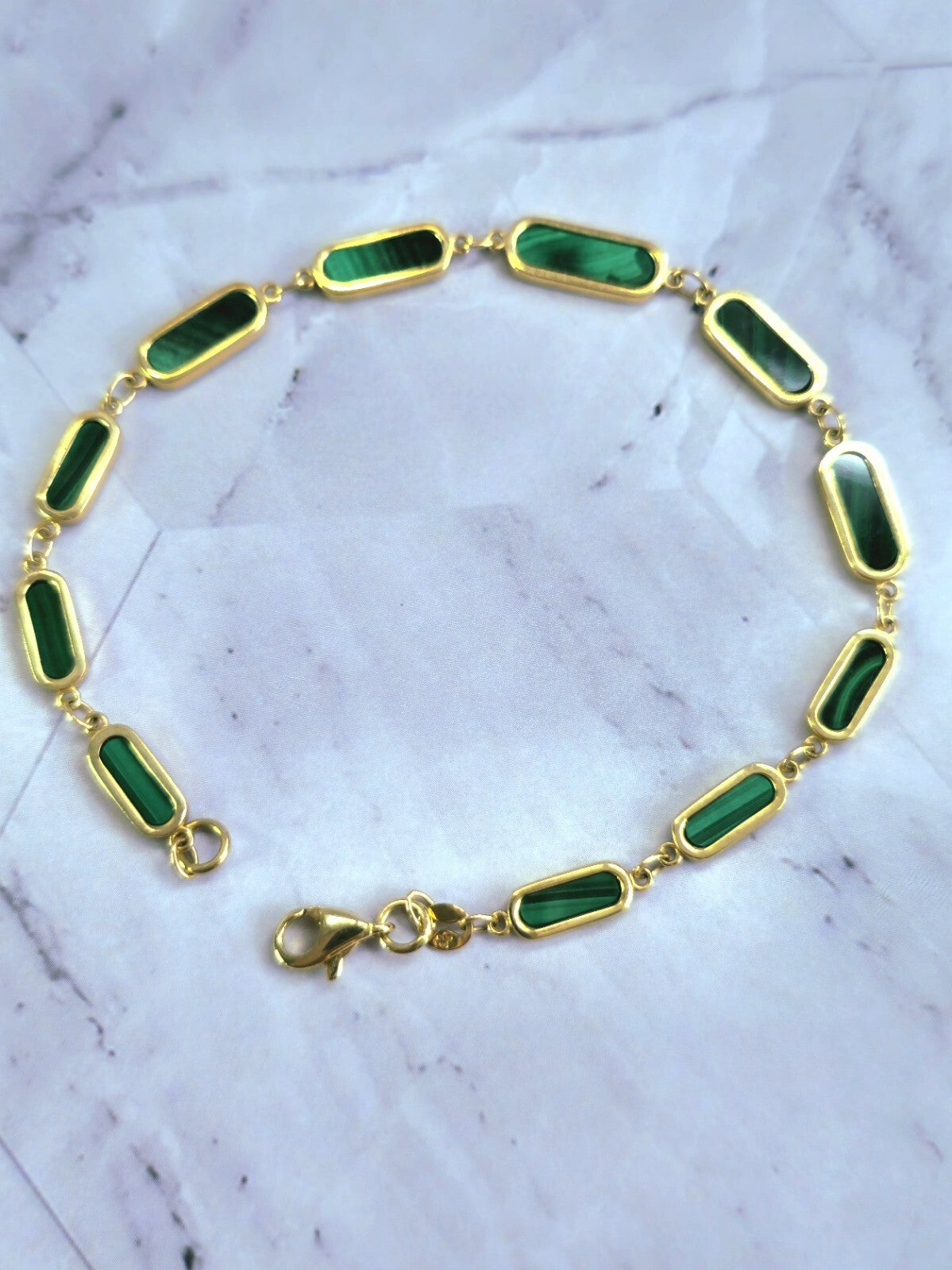 New Solid 9k Yellow Gold And Malachite Bracelet 7.5inch Hallmarked Lovely