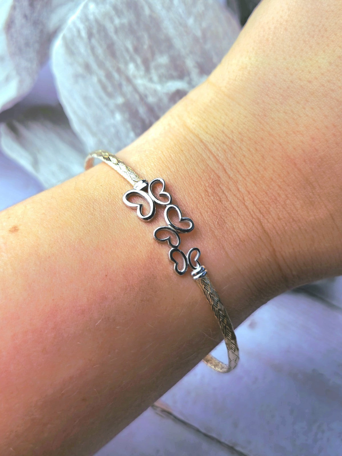 New Solid 9ct Yellow/White Gold Butterfly Bracelet 3 Butterflies Bangle Hallmark