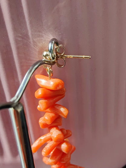 9ct Real Yellow GOLD and Natural Red CORAL Long Drop Earrings 4.5cm Vintage