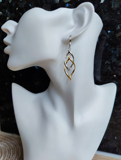 New Solid 9ct Yellow White Gold Double Twist Drop Earrings Leverback Clasp 
