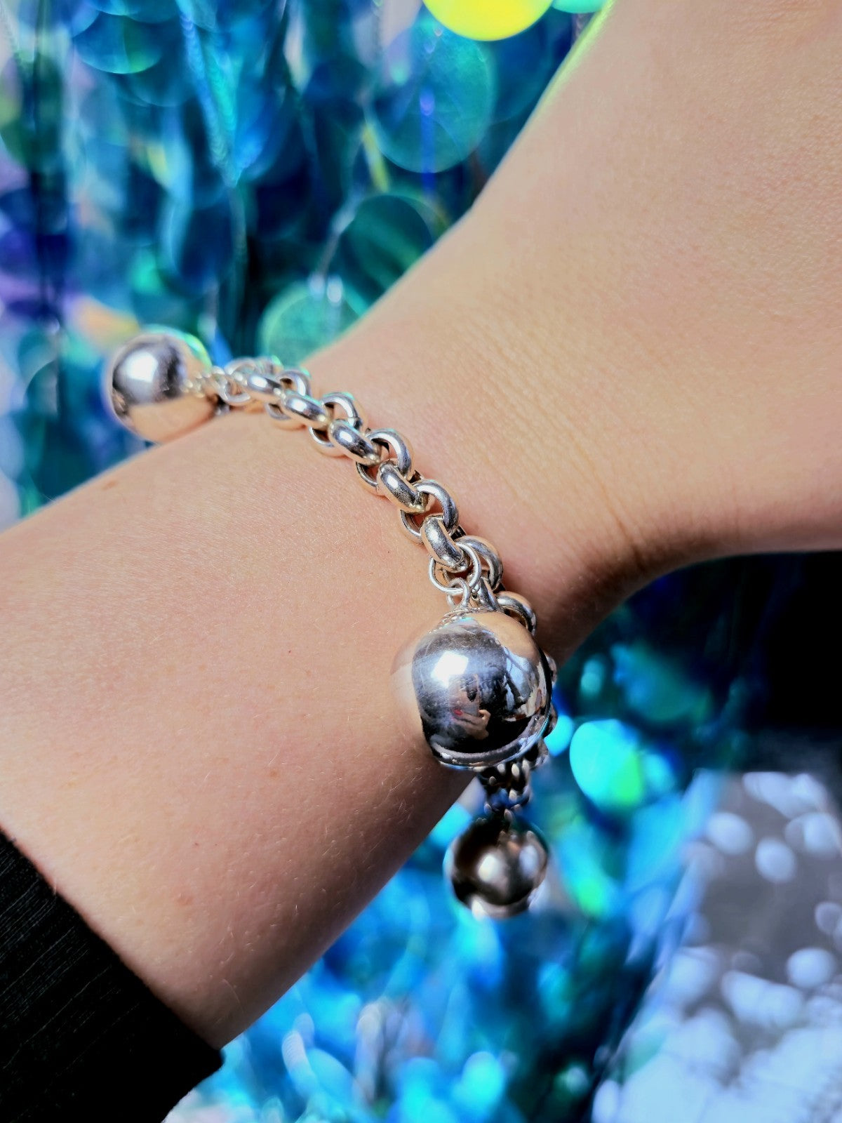 Sterling Silver Chunky Ball Charm Chain Bracelet 5 Dangling Balls Big Heavy