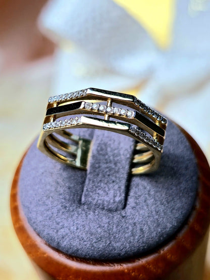 New 9ct Yellow Gold Triple Row Hexagon Shape C/Z Ring size: P see-through Band